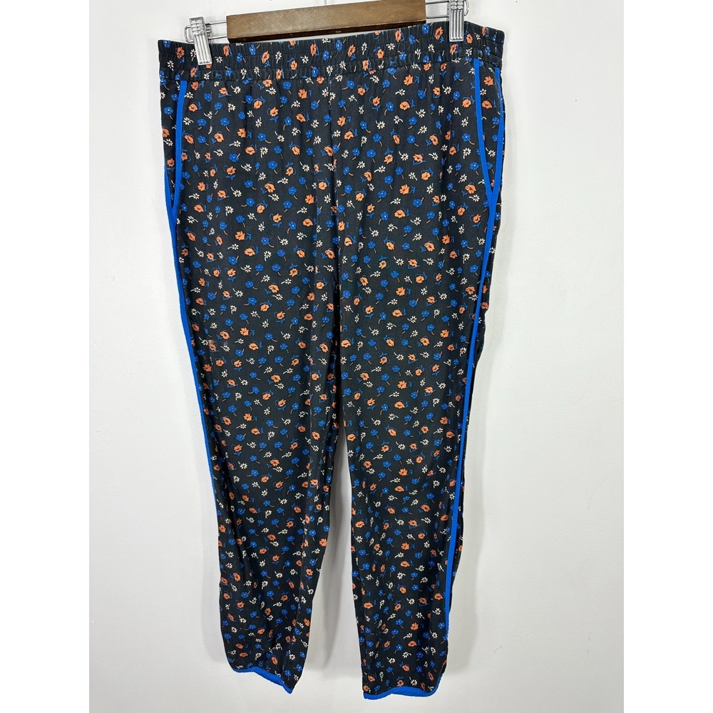 Madewell Black Floral Ankle Cropped Pants with Blue Trim